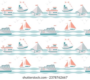 Children's nautical template. Seamless background. children's texture with various ships and sailing boats. cute textile prints. Children's pastel background for albums. Vector illustration