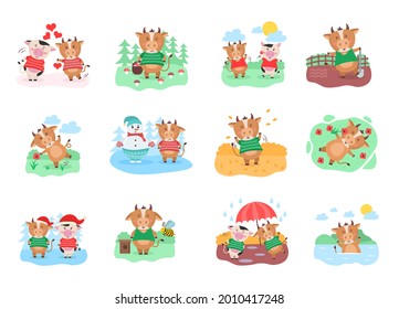 Children's new calendar for 2021 - year of ox. Animal holidays cartoon character. Animal bull 2021, cow chinese year, oriental cattle. Funny cute  spotted cows on white background. Vector illustration