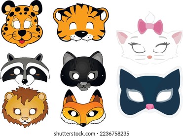 Children's New Year masks of wild animals: tiger, lion, raccoon, panther, cat, fox