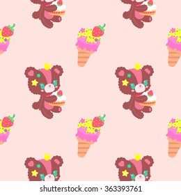 Children's nice pattern in the style of Lolita with teddy bears and ice cream on a gentle pink background.
