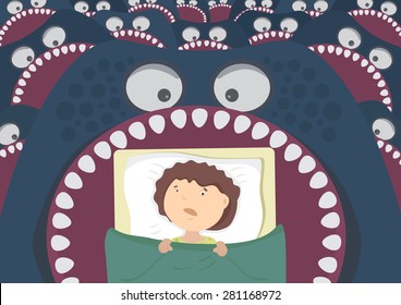 Children's night terrors. Monsters around the bed of the boy