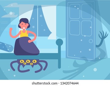 Children's nightmare Fear of monsters under the bed Girl Vector. Cartoon. Isolated art 