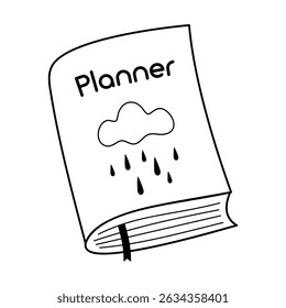 Children's notebook, book, planner clipart in black and white color, school supplies, back to school, cute hand drawn vector illustration in flat style