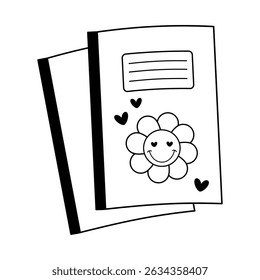 Children's notebook, book, planner clipart in black and white color, school supplies, back to school, cute hand drawn vector illustration in flat style