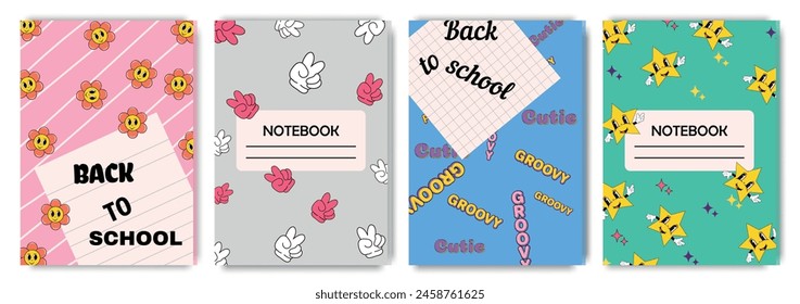 Children's notebook cover template. Set of cover page designs with cute daisies and stars in a groovy style. Vector cartoon for school notebooks, notepads, children's diaries, coloring books.