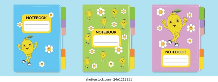 Children's notebook cover template. Set of title page designs with cute daisies and lemon character in groovy style.Vector cartoon for school notebooks, notepads, children's diaries, coloring books