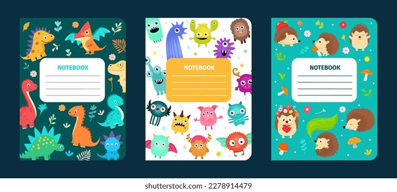 С usar cuadernos para niños con patrones de dinosaurios, monstruos y erizos. Diseño para portadas, libros, cuadernos, sitios web.