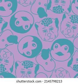 Children's novelty geometric animal faces pattern on soft lavender background.