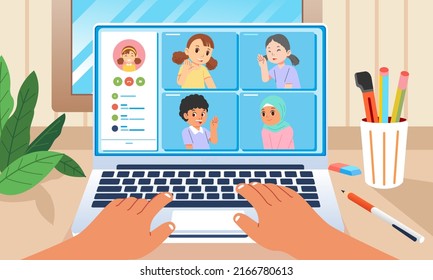 Children's online communication, class meetings video call on laptop at home. Internet connection during quarantine. home study education