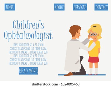 Plantilla de banner web oftalmólogo para niños con niñas sometidas a revisión ocular, ilustración vectorial plana. Diseño de sitio web para oftalmología pediátrica y optometría.