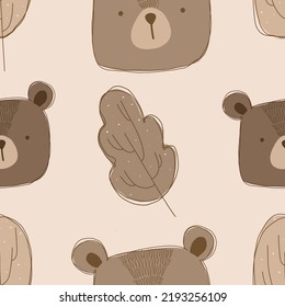 children's ornament. vector seamless pattern in brown colors. cute muzzles of bears, twigs, leaves, blots, autumn theme elements. autumn baby pattern for textile, background, print