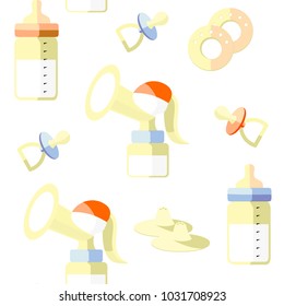 Children's pacifiers, bottles with teat, breast pump, nipple shields, nipple formers, breast pads on a white background. Seamless pattern in swatch panel.