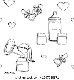 Children's pacifiers, bottles with teat, breast pump, nipple shields, nipple formers, breast pads on a white background. Seamless pattern in swatch panel.

