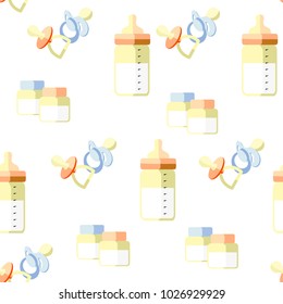 Children's pacifiers, bottles with teat on a white background. Seamless pattern in swatch panel.