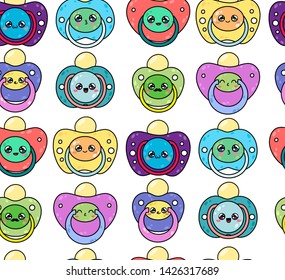 Children's pacifiers seamless pattern with cute kawaii faces. Nipple newborn child. Baby care equipment. Vector illustration.
