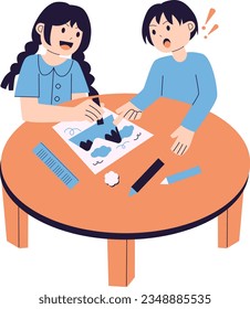 Childrens Painting Scenery on the Table Character Vector Illustration