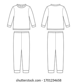 Childrens pajamas technical sketch. Cotton sweatshirt and pants. KIds nighwear design template isolated on white background. Front and back view. Outline vector illustration
