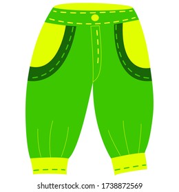 Pantalones para niños con bolsillos, esposas, cosido decorativo en la tela. Ilustración plana