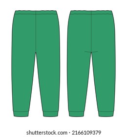 Children's pants technical sketch. Green color. Kids home wear trousers design template isolated. Front and back view. CAD fashion vector illustration