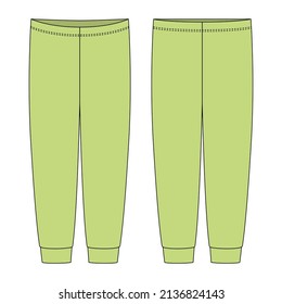 Children's pants technical sketch. Light green color. Kids home wear trousers design template isolated. Front and back view. CAD fashion vector illustration