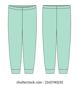 Children's pants technical sketch. Mint color. Kids home wear trousers design template isolated. Front and back view. CAD fashion vector illustration