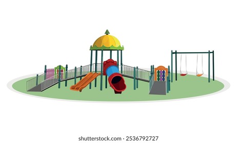 Children's park. A colorful kid playground with a slide, swing and other play equipment set up in a grassy. Children's entertainment playground elements vector illustration.