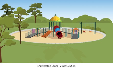 Children's park in greenery and trees. A colorful kid playground with a slide, swing and other play equipment set up in a grassy. Children's entertainment playground elements vector illustration. 