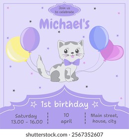 Children's party, first birthday, children's birthday invitation with a cat, invitation with a cat, invitation with a lilac background, join us to celebrate, cat with a bow