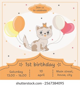 Children's party, first birthday, invitation in orange tones, birthday invitation with a cat, invitation with an orange background, join us to celebrate, cat with a tail, orange tail