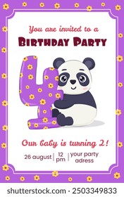 Children's party invitation with cute panda bear holding number 4.  Birthday poster with animal concept.