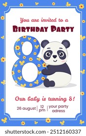 Convites de festas infantis com urso panda bonito. Cartaz do 8.º aniversário