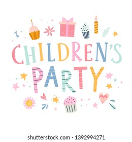 Children's party lettering vector illustration on white background. Cute celebration elements, gifts and sweet birthday cakes