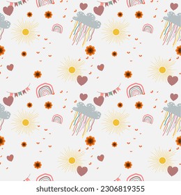 La decoración infantil es de tonos pastel y sin costura. Cinta blanca de color arcoiris nublada, soleado, estrella, flor, cena lindo mini corazón. Diseño de tejidos, ropa, papel pintado, guardería, decoración de paredes, vector