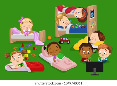 Children`s pastime before sleeping. Multiracial girls and boys read books, play in video games, rub eyes, yawn, look to smartphone in kindergarden. Cartoon vector set on green background.