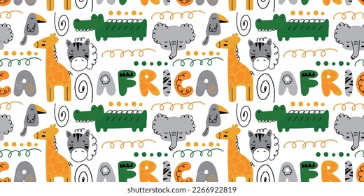 Children's pattern with African animals on a white background. Africa lettering and characters: zebra, elephant, giraffe, crocodile and toucan. Stylish children's drawing in cartoon style. Wild animal