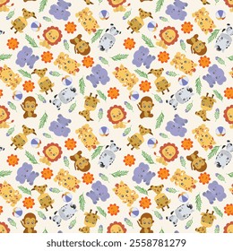 children's pattern with animals lion cub giraffe elephant monkey