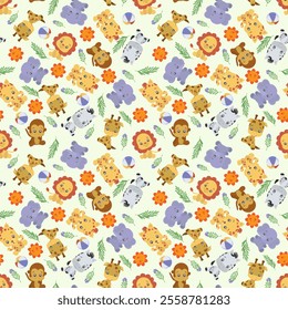 children's pattern with animals lion cub giraffe elephant monkey