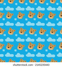 Children's pattern of animals, lion cubs with flowers on a blue background. Vector.