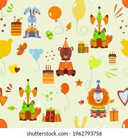 Children's pattern with animals. Lion, rabbit, fox and bear. Light background. Vector graphics for your design