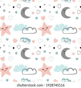 children's pattern.  baby stars, Moon, hearts, gray, pink, blue texture, suitable for a nursery, wrapping paper, wallpaper, baby shower, notebooks, office supplies.  vector illustration.