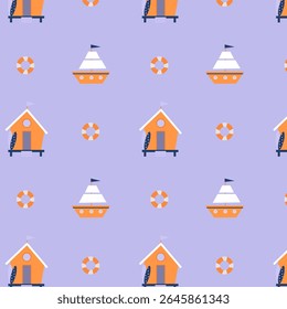 Children's pattern with a beach house and a small ship