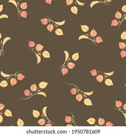 Childrens pattern. Beautiful leaves seamless pattern with golden lines. Beige and orange. For tablecloths, wallpapers and so on. Gold leaf texture.