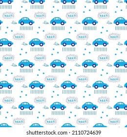 Children's pattern with blue cars in cartoon doodle style on white background. Seamless print with cute automobiles for baby boy products design. Fun journey through childish city. Vector illustration