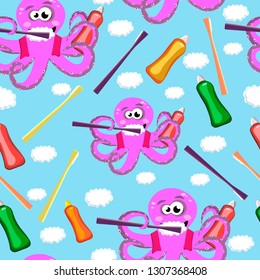 Children's pattern brushing teeth for learning hygiene. Baby octopus with toothbrush and paste in tentacles. Positive illustration for the children's dental office. Vector graphics
