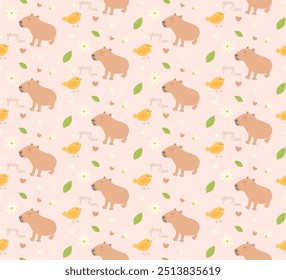 Children's pattern with capybara and bird. Cozy, cute seamless spring print