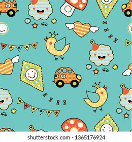 children's pattern with cars ducks and clouds
