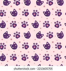 Childrens pattern with a cat paw and stars