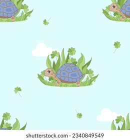 Patrón infantil con una pequeña tortuga alegre. Vector