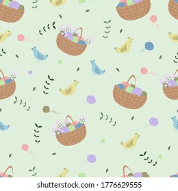 children's pattern with chicken and balls of thread in a basket