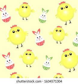Children's pattern with chicken and bunnies. Happy easter. Vector illustration. Print.
